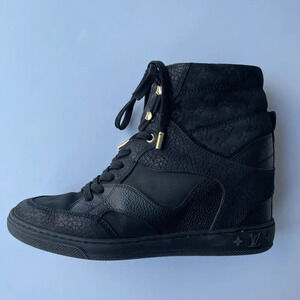 Louis Vuitton Millenium Wedge Sneakers Leather Embossed Suede Black Size 37